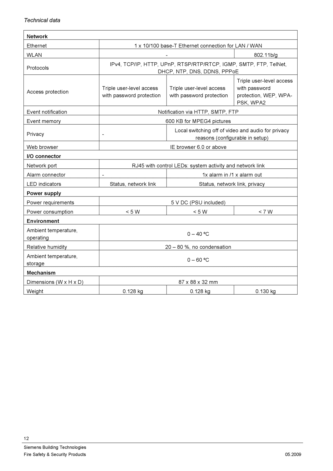 Siemens CCIC1410 configurationmanual Network, Connector, Power supply, Environment, Mechanism 