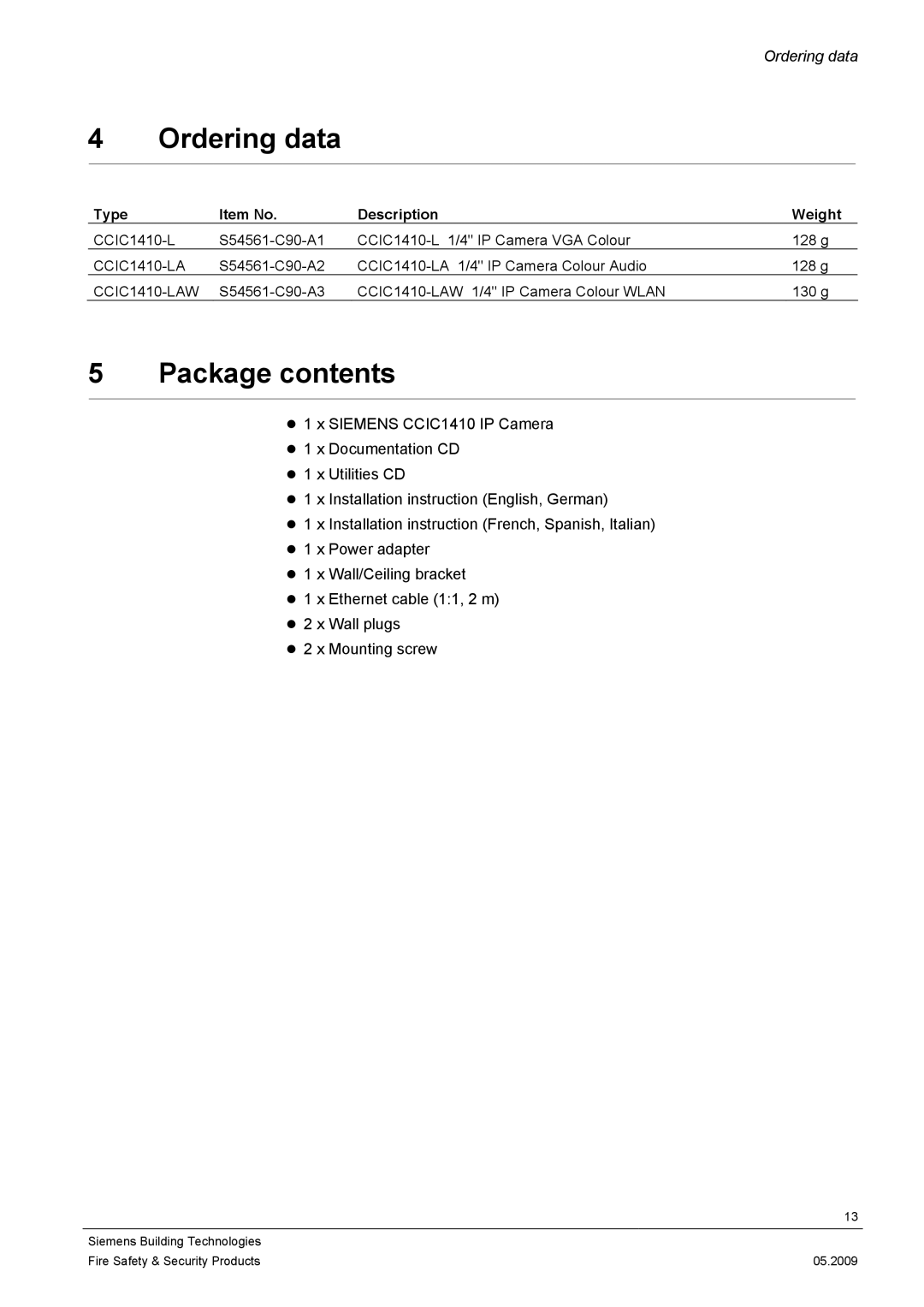 Siemens CCIC1410 configurationmanual Ordering data, Package contents 