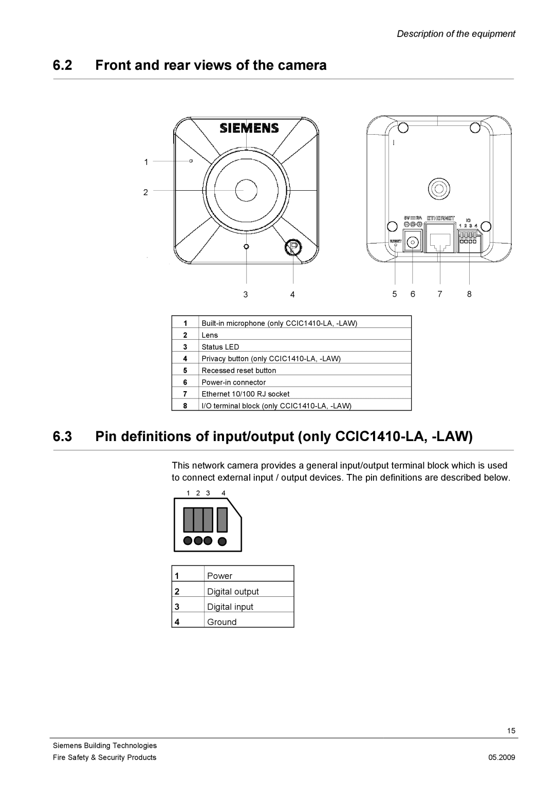 Siemens configurationmanual Front and rear views of the camera, Pin definitions of input/output only CCIC1410-LA, -LAW 