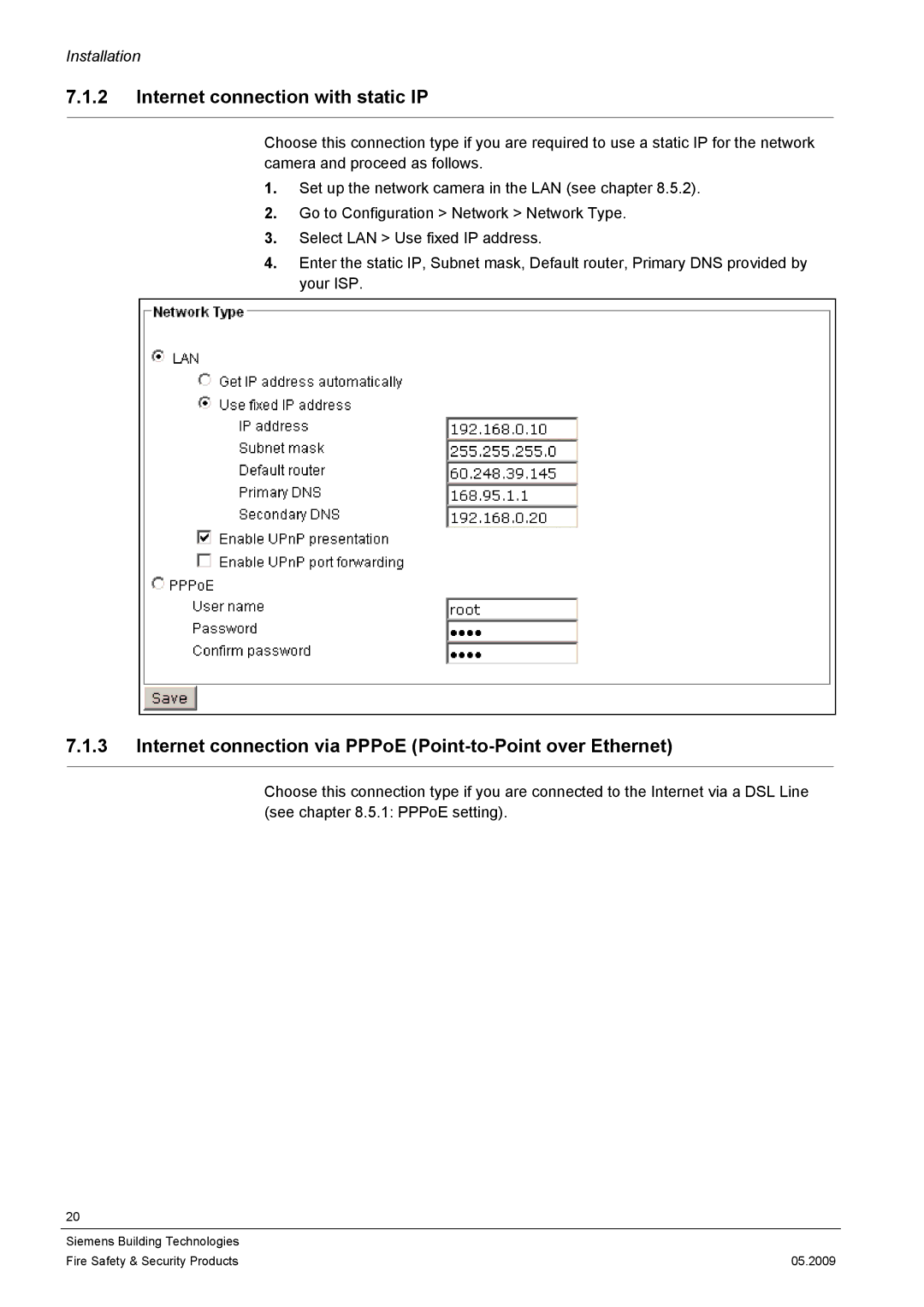 Siemens CCIC1410 Internet connection with static IP, Internet connection via PPPoE Point-to-Point over Ethernet 