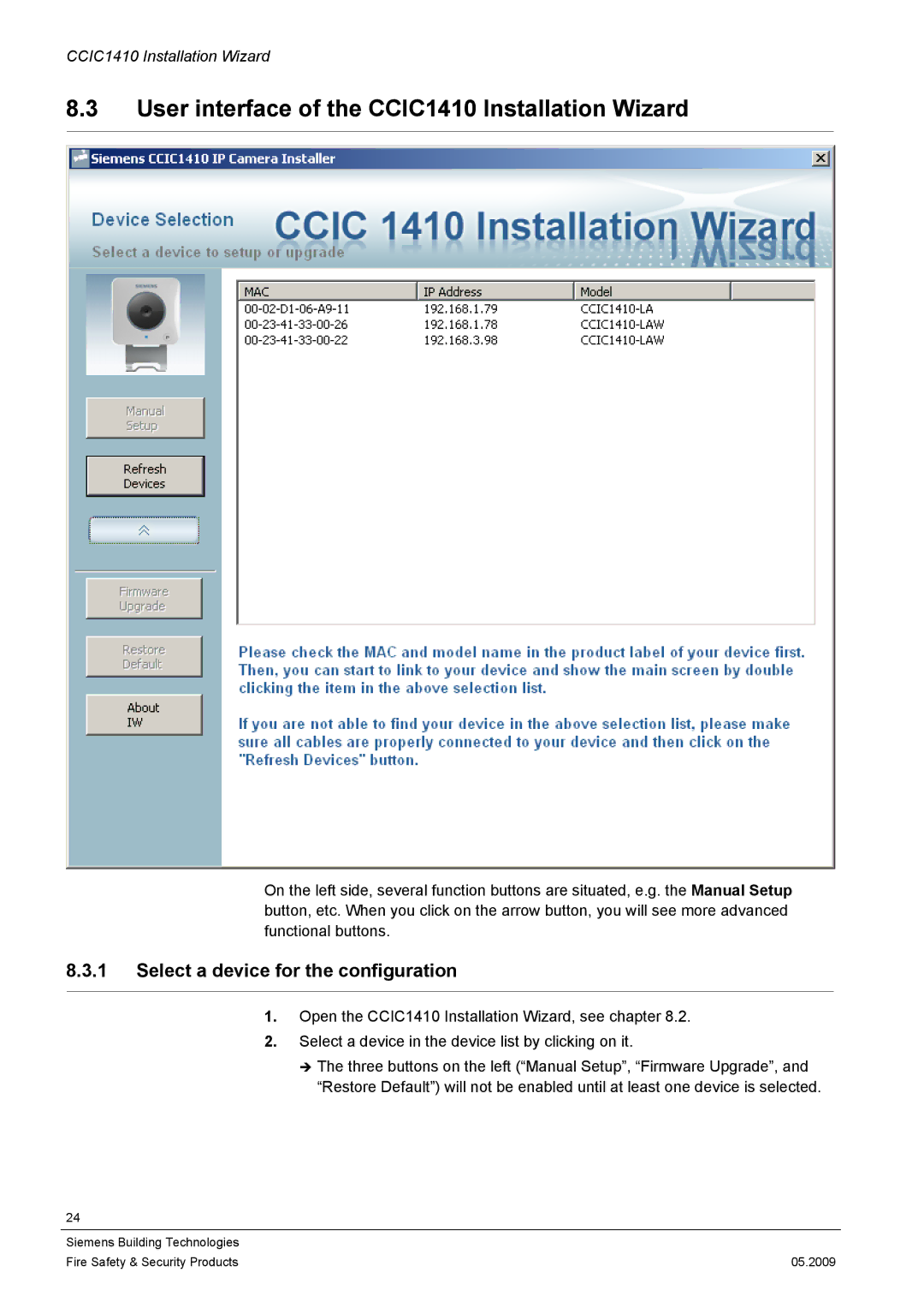 Siemens configurationmanual User interface of the CCIC1410 Installation Wizard, Select a device for the configuration 