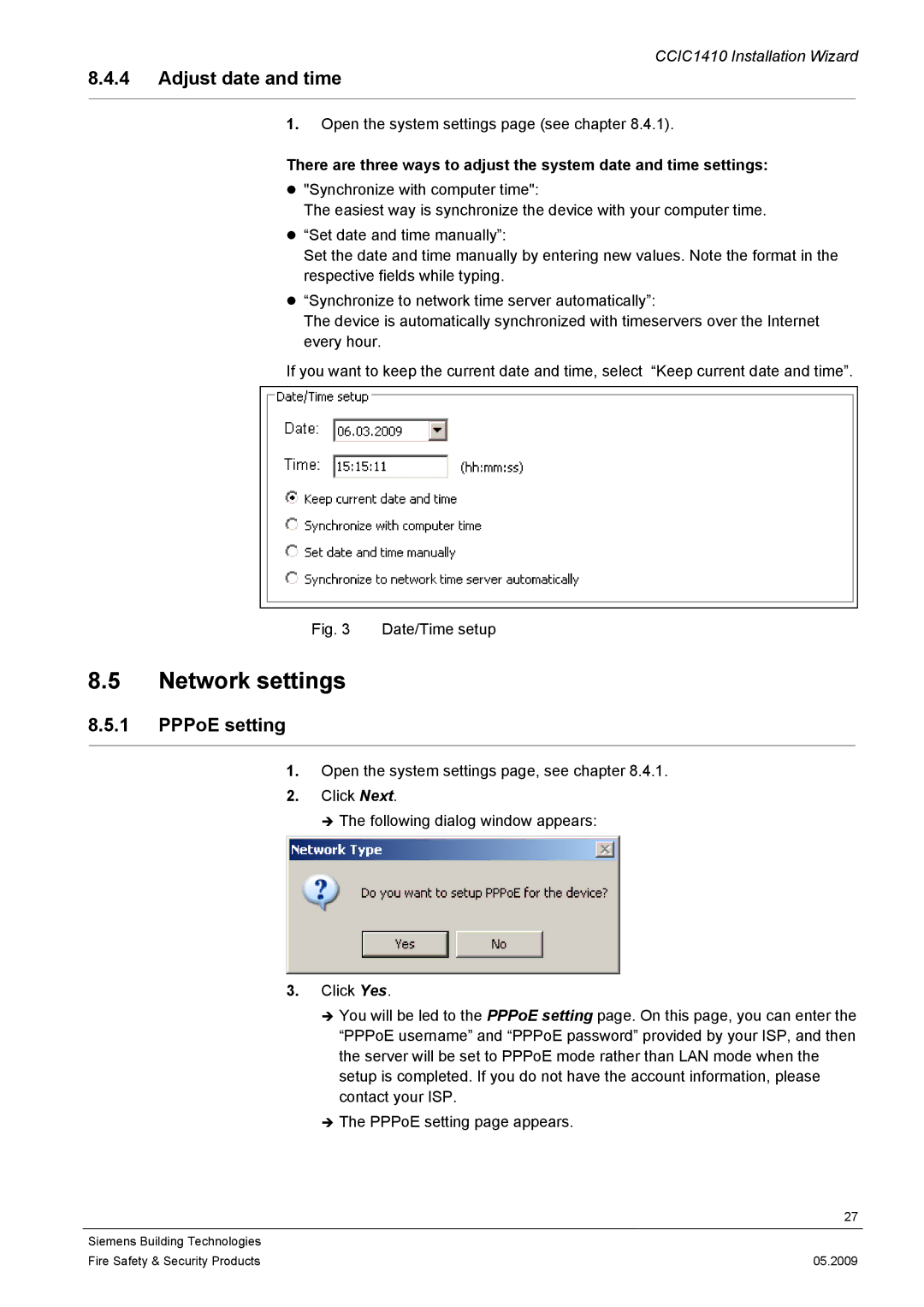 Siemens CCIC1410 configurationmanual Network settings, Adjust date and time, PPPoE setting 