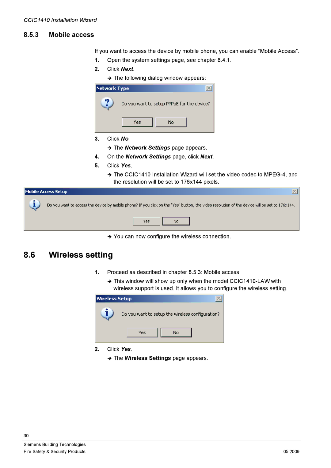 Siemens CCIC1410 configurationmanual Wireless setting, Mobile access, Wireless Settings page appears 