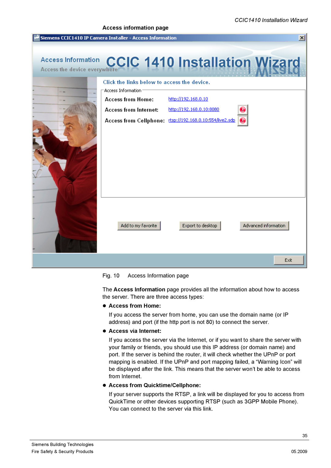 Siemens CCIC1410 Access information, Access from Home, Access via Internet, Access from Quicktime/Cellphone 