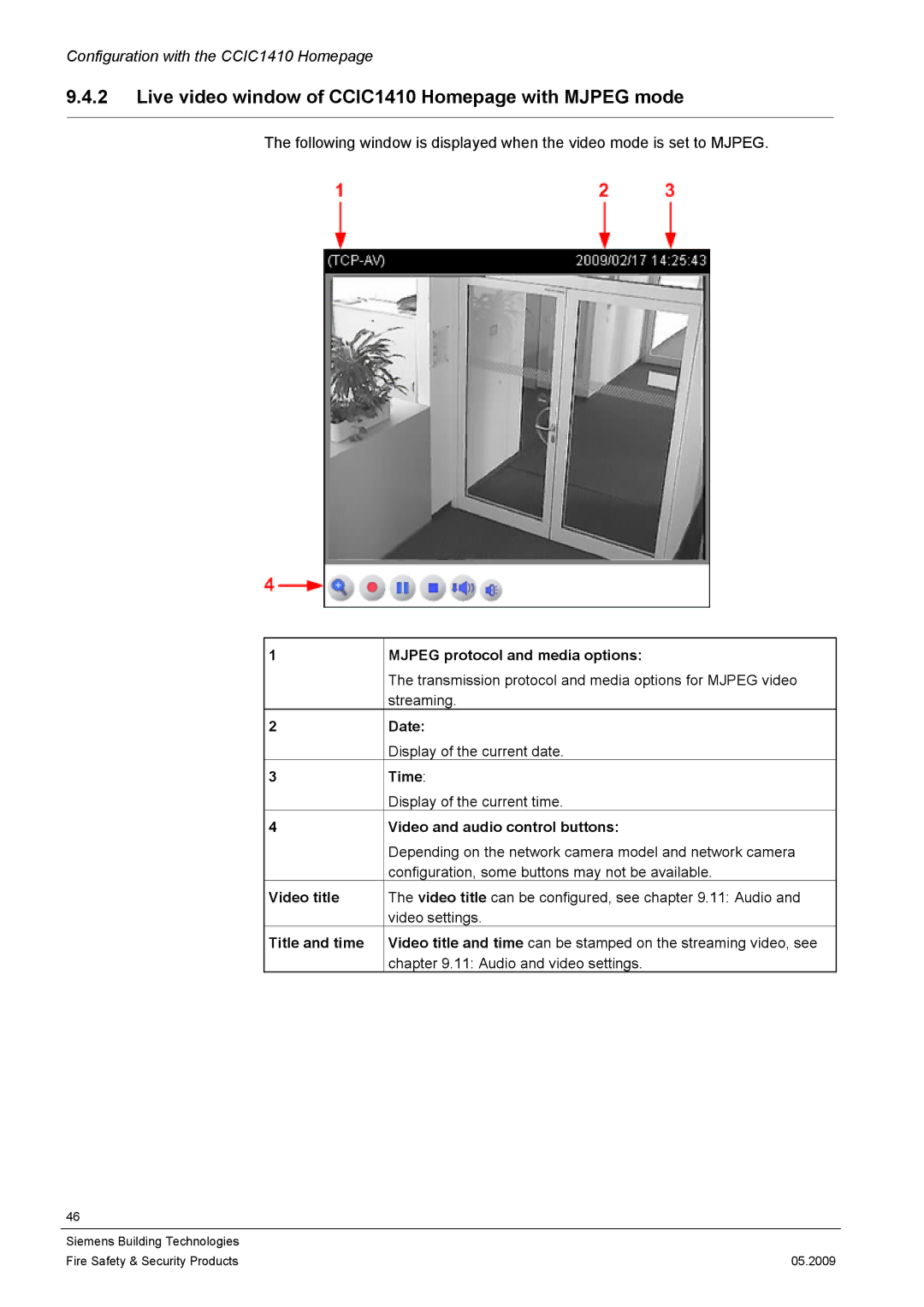 Siemens configurationmanual Live video window of CCIC1410 Homepage with Mjpeg mode, Mjpeg protocol and media options 