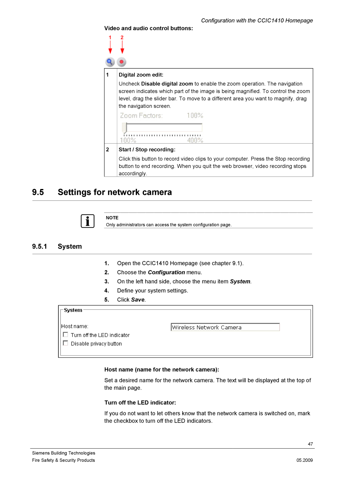 Siemens CCIC1410 Settings for network camera, System, Host name name for the network camera, Turn off the LED indicator 