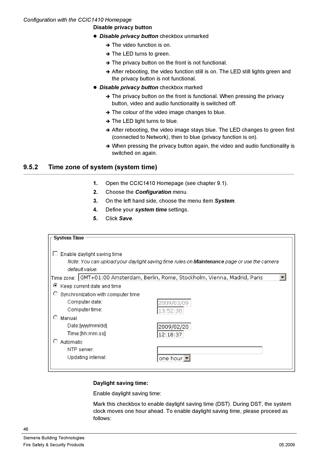 Siemens CCIC1410 configurationmanual Time zone of system system time, Disable privacy button, Daylight saving time 