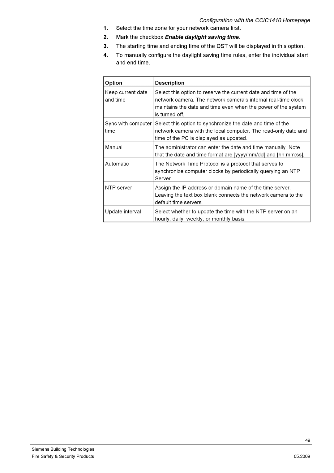 Siemens CCIC1410 configurationmanual Mark the checkbox Enable daylight saving time, Option Description 