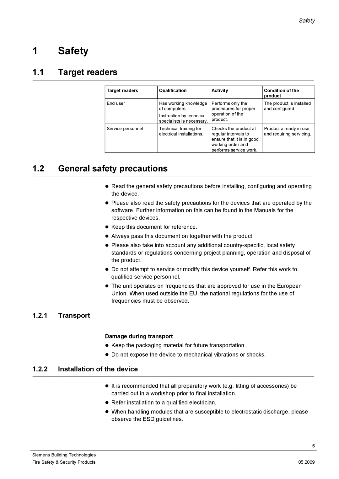 Siemens CCIC1410 Safety, Target readers, General safety precautions, Transport, Installation of the device 