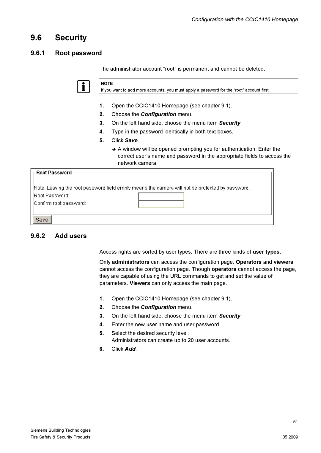 Siemens CCIC1410 configurationmanual Security, Root password, Add users 