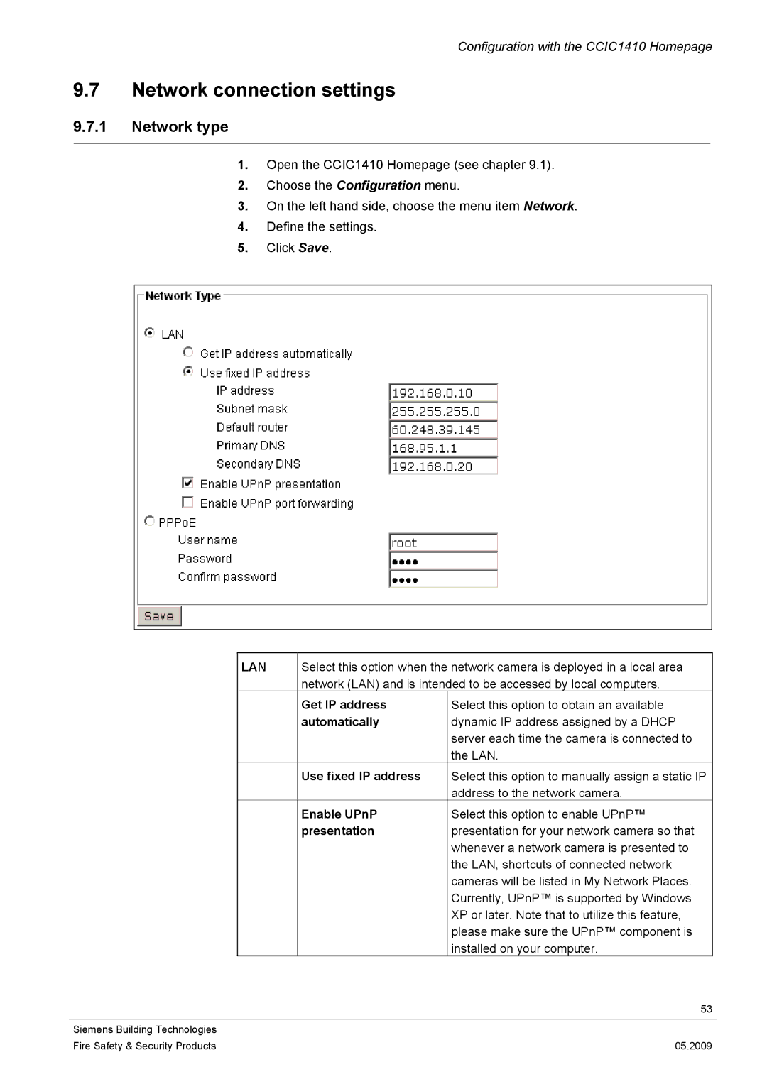 Siemens CCIC1410 configurationmanual Network connection settings, Network type 