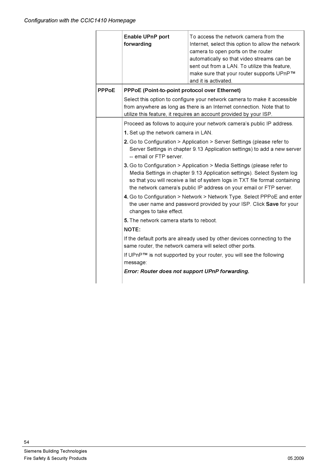 Siemens CCIC1410 configurationmanual Enable UPnP port, Forwarding, PPPoE PPPoE Point-to-point protocol over Ethernet 