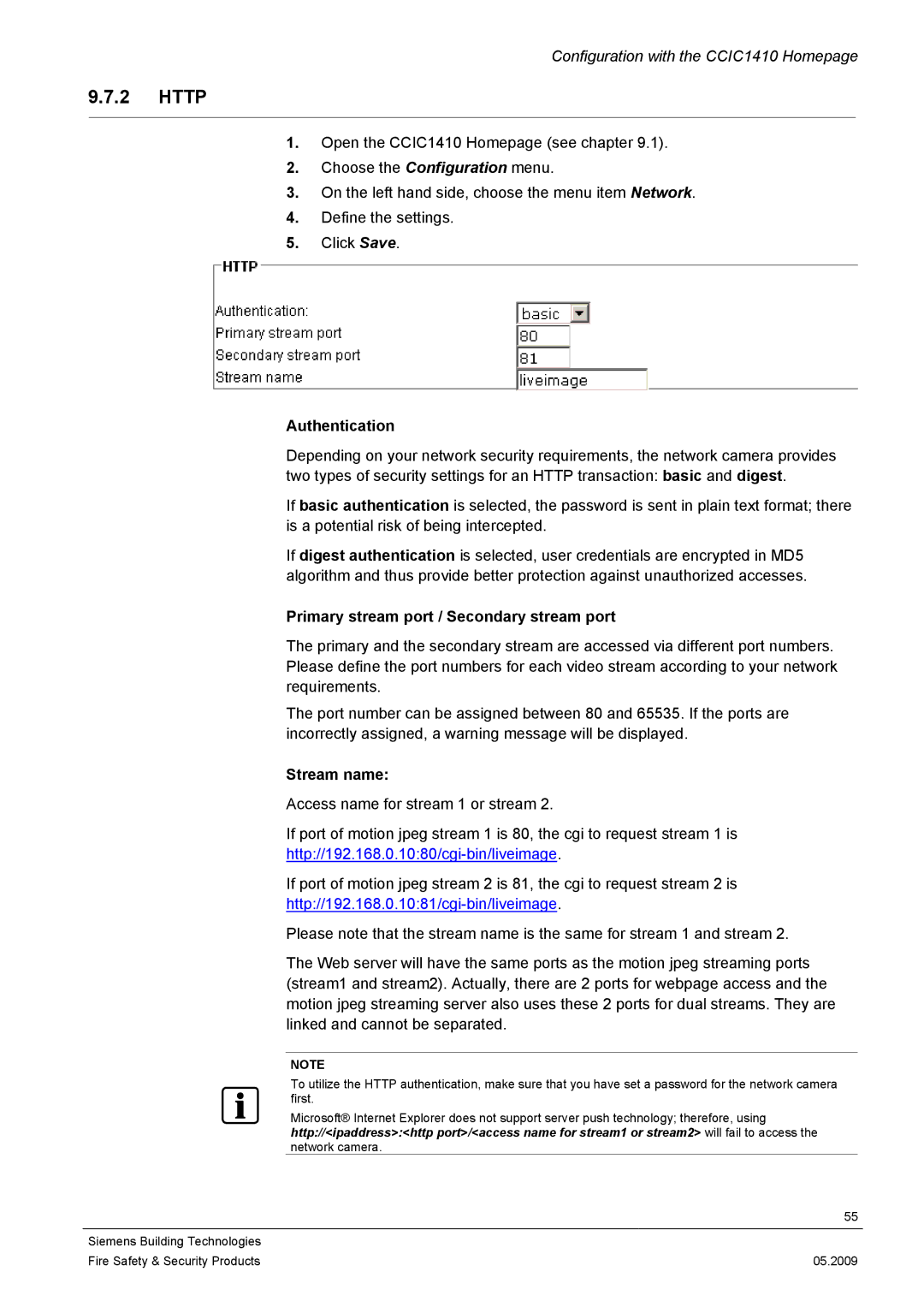 Siemens CCIC1410 configurationmanual Http, Authentication, Primary stream port / Secondary stream port, Stream name 