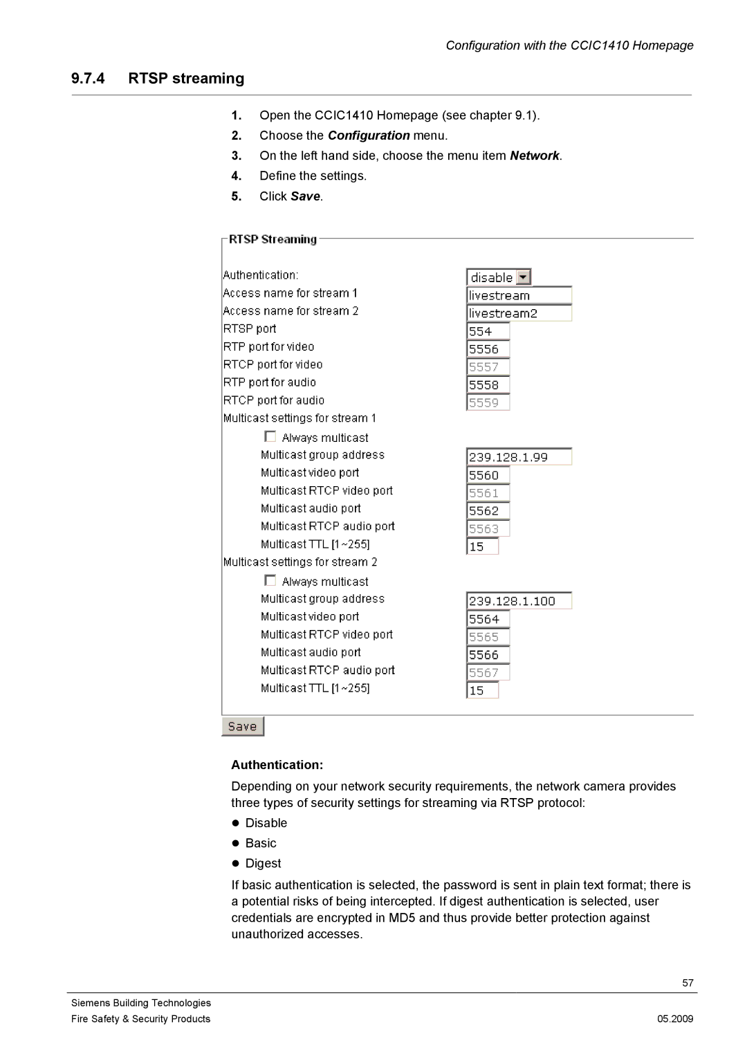 Siemens CCIC1410 configurationmanual Rtsp streaming 