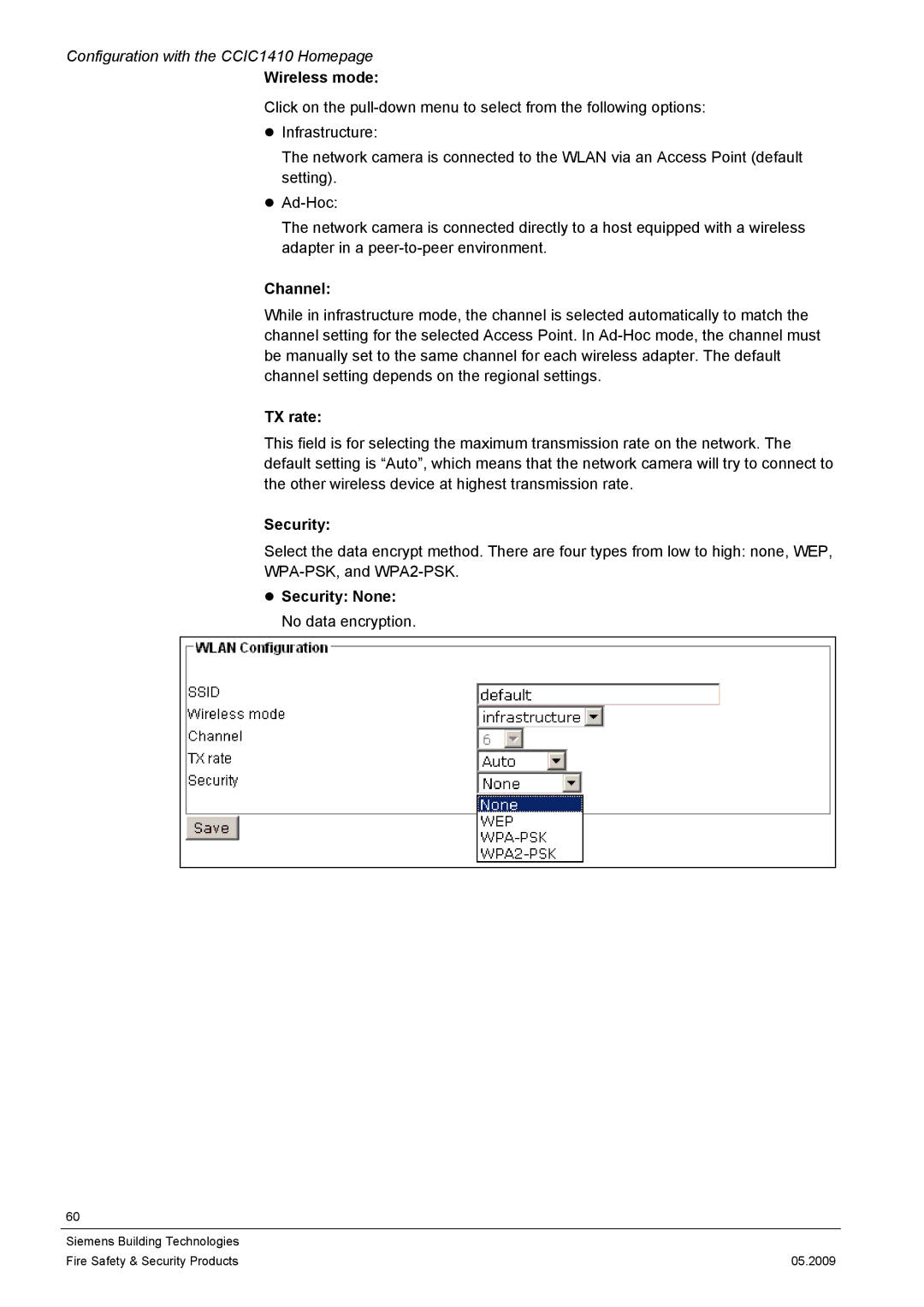 Siemens CCIC1410 configurationmanual Wireless mode, Channel, TX rate, Security None No data encryption 