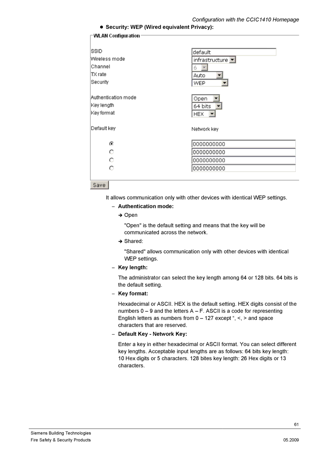 Siemens CCIC1410 Security WEP Wired equivalent Privacy, Authentication mode, Key format, Default Key Network Key 