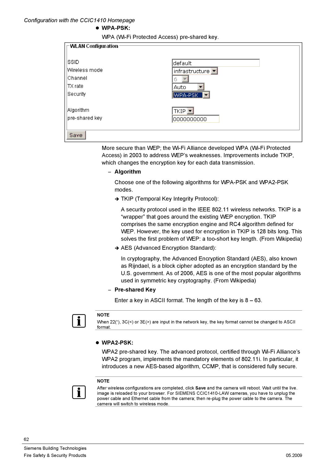 Siemens CCIC1410 configurationmanual Wpa-Psk, Algorithm, Pre-shared Key, WPA2-PSK 