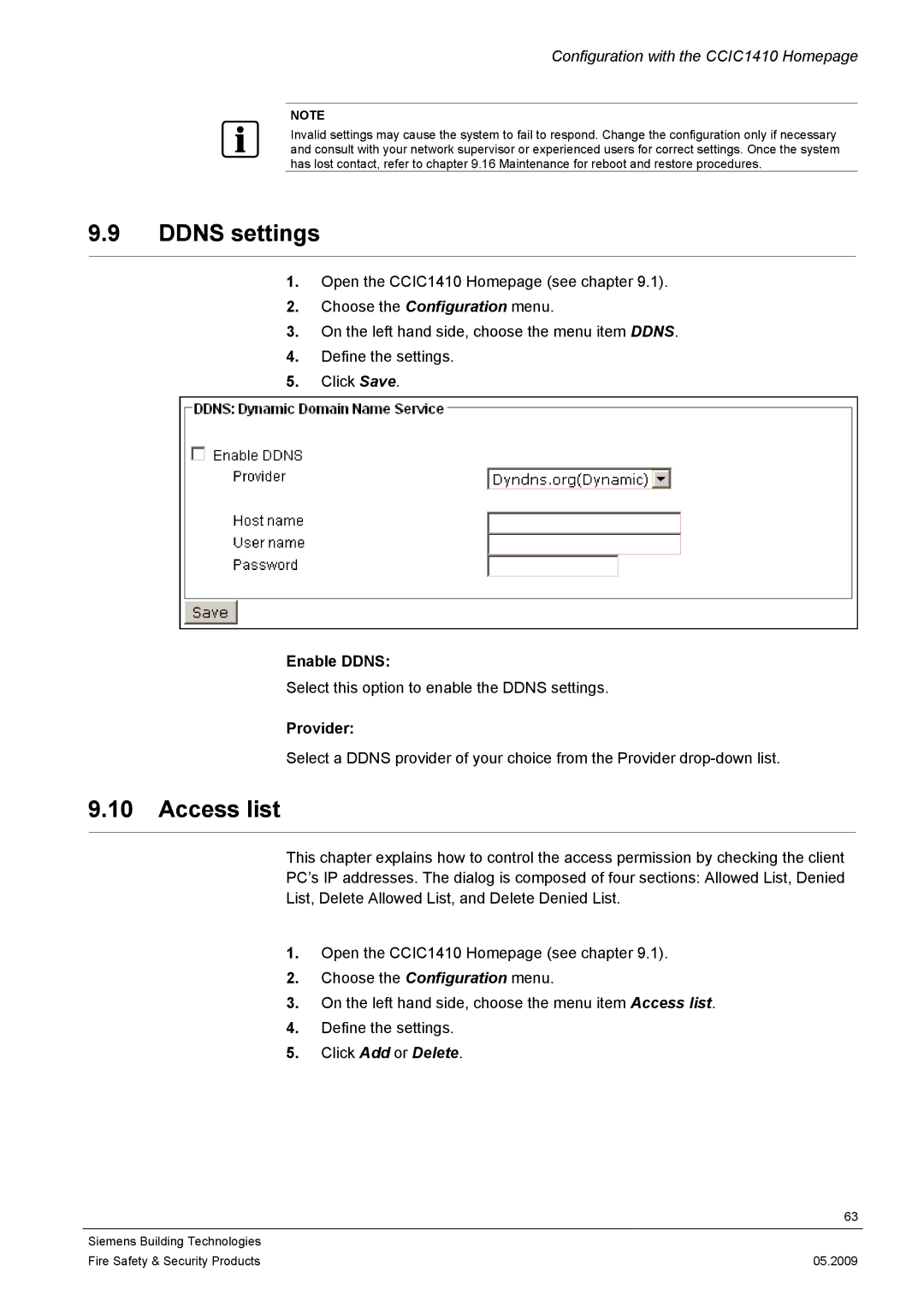 Siemens CCIC1410 configurationmanual Ddns settings, Access list, Enable Ddns, Provider 