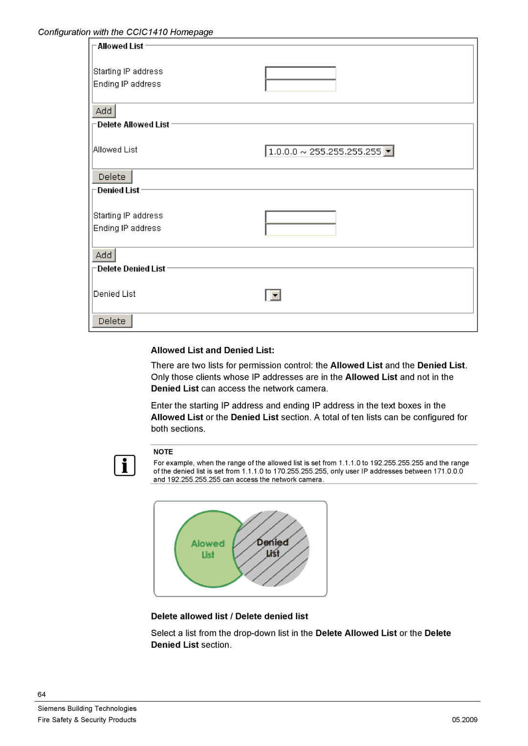 Siemens CCIC1410 Allowed List and Denied List, Delete allowed list / Delete denied list, Denied List section 