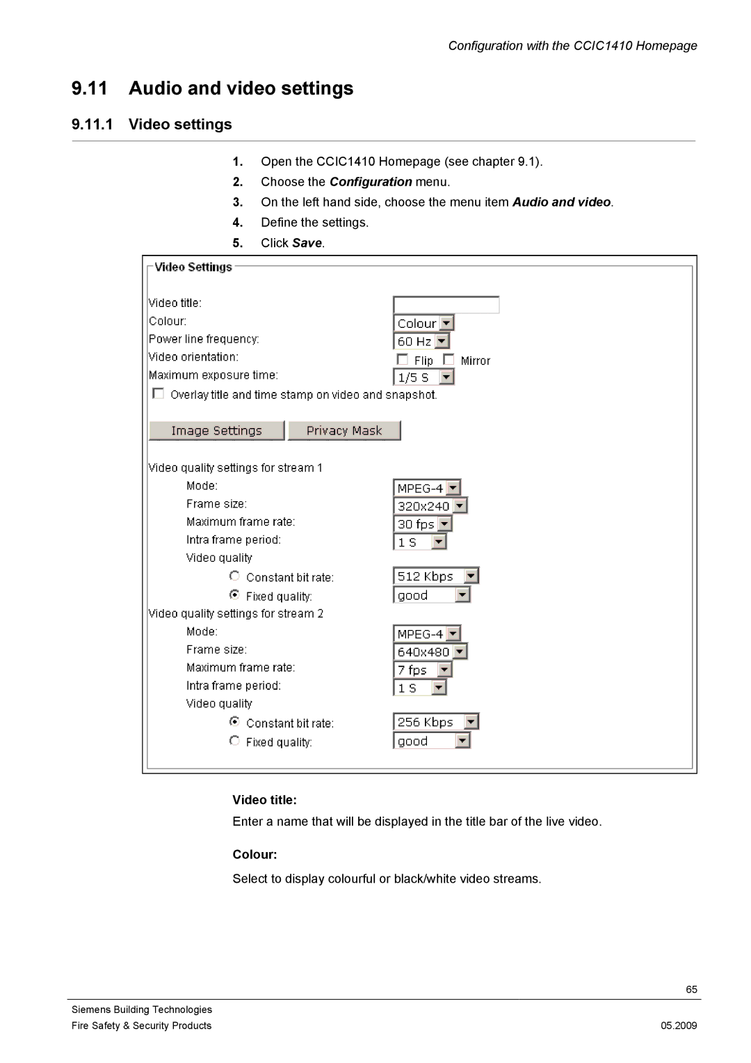 Siemens CCIC1410 configurationmanual Audio and video settings, Video settings, Colour 