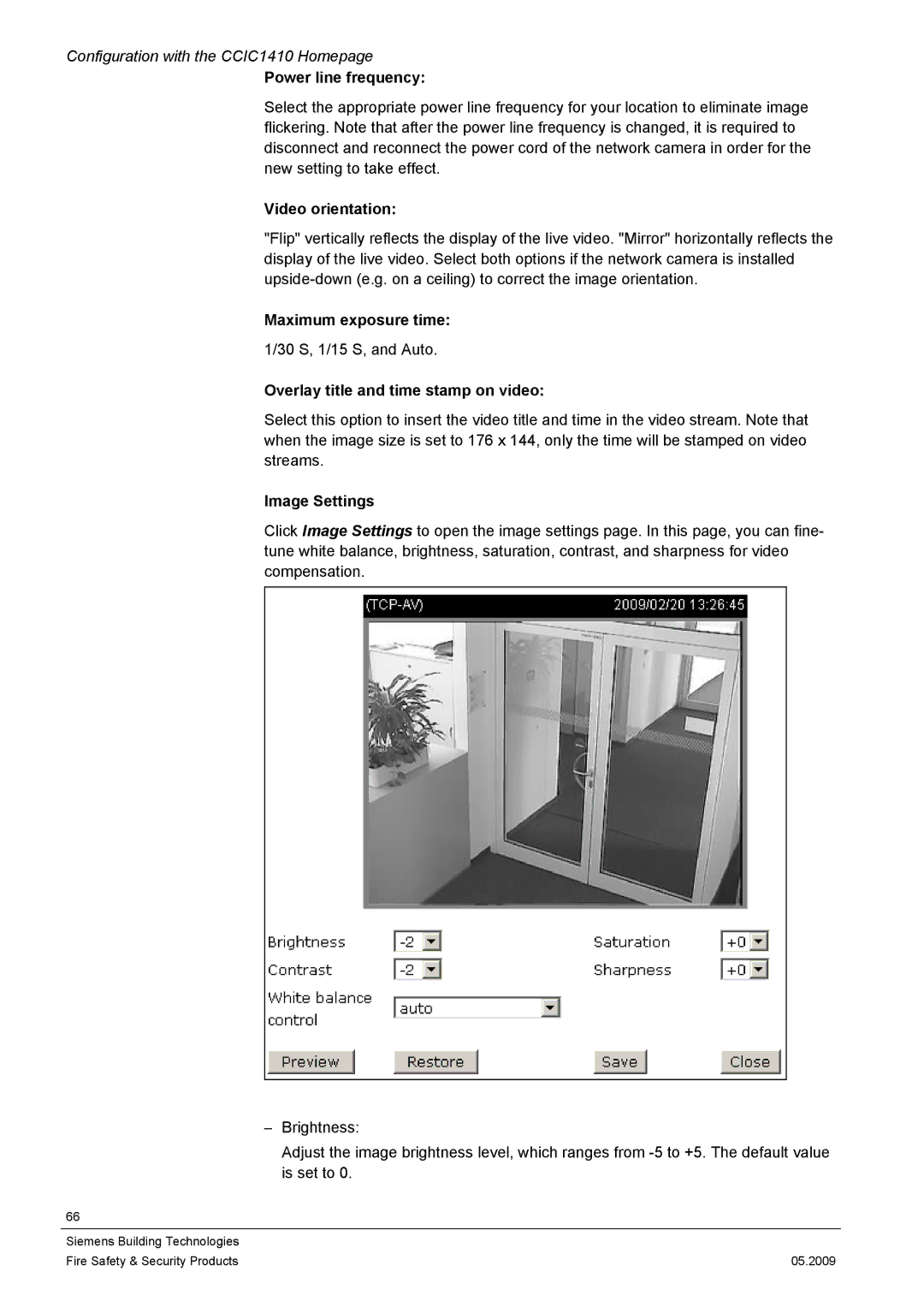 Siemens CCIC1410 Power line frequency, Video orientation, Maximum exposure time, Overlay title and time stamp on video 