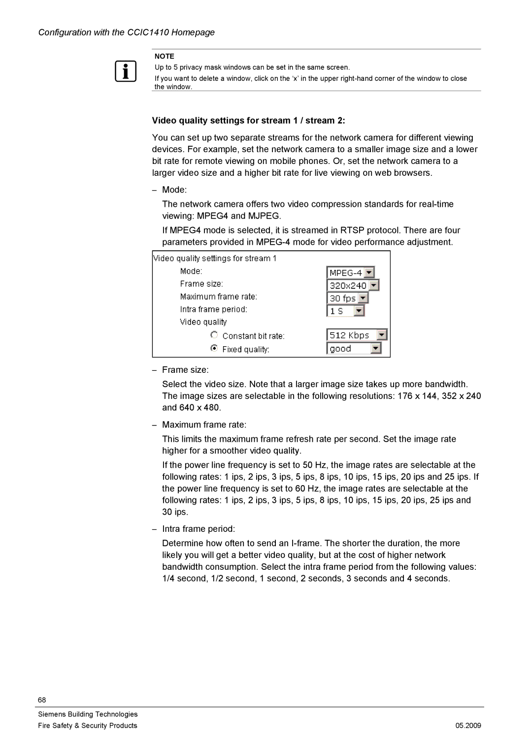 Siemens CCIC1410 configurationmanual Video quality settings for stream 1 / stream 