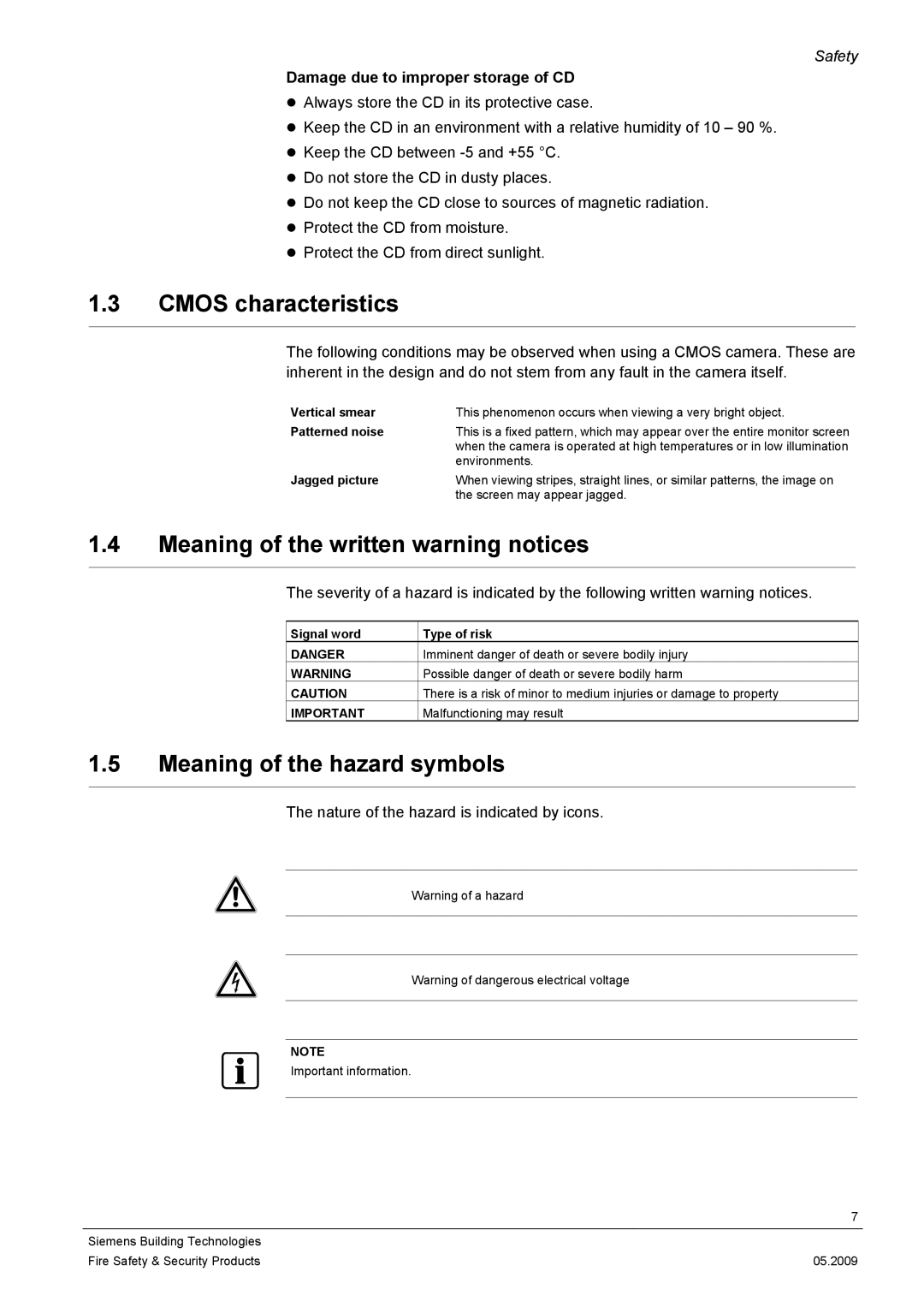 Siemens CCIC1410 Cmos characteristics, Meaning of the written warning notices, Meaning of the hazard symbols 