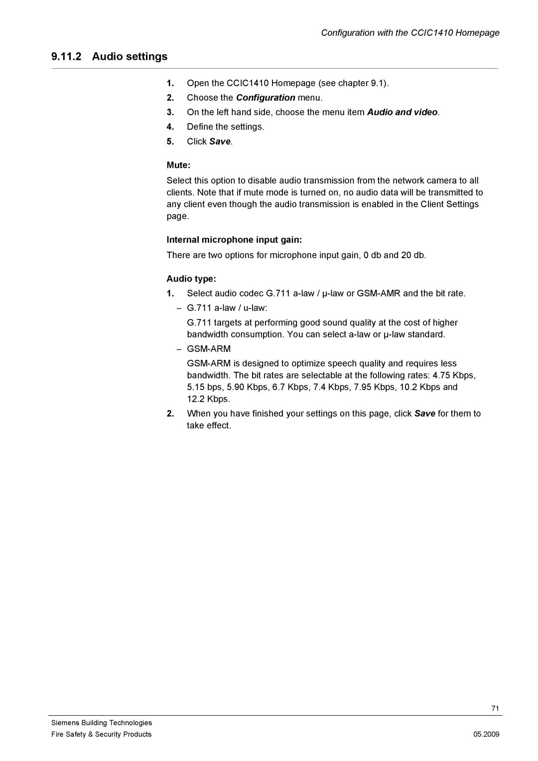 Siemens CCIC1410 configurationmanual Audio settings, Internal microphone input gain, Audio type 