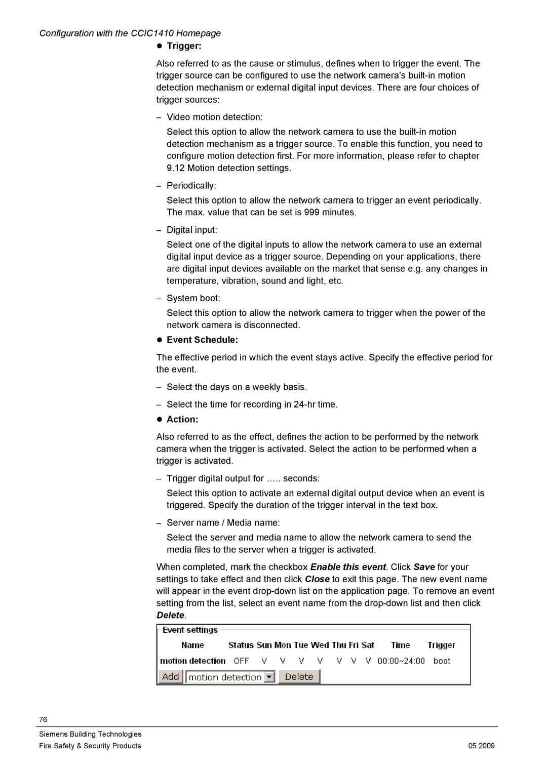 Siemens CCIC1410 configurationmanual Trigger, Event Schedule 