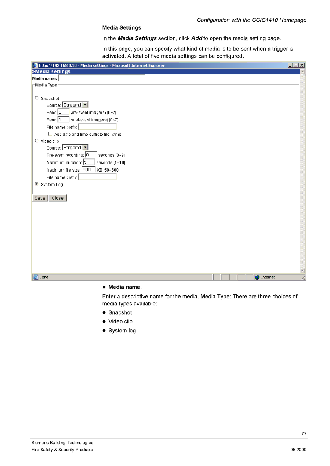 Siemens CCIC1410 configurationmanual Media Settings, Media name 