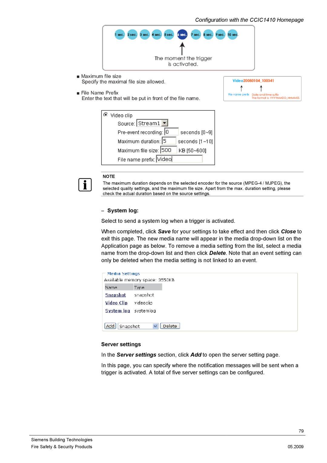 Siemens CCIC1410 configurationmanual System log, Server settings 