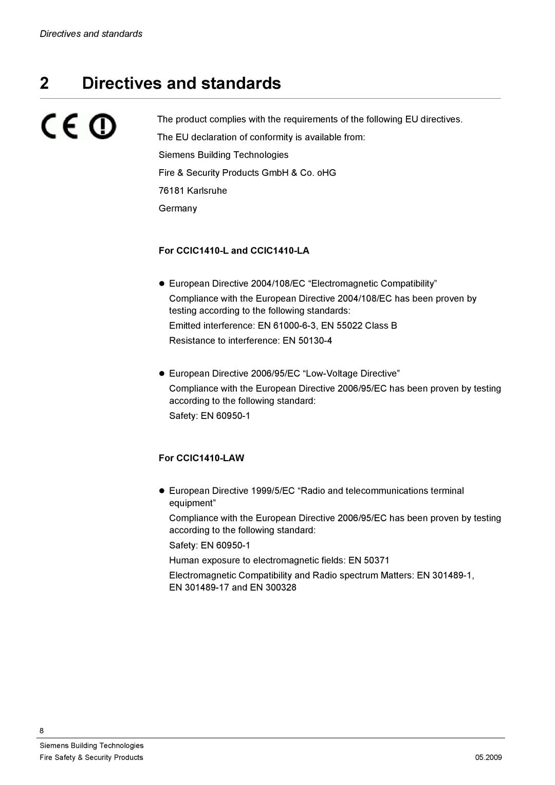 Siemens configurationmanual Directives and standards, For CCIC1410-L and CCIC1410-LA, For CCIC1410-LAW 