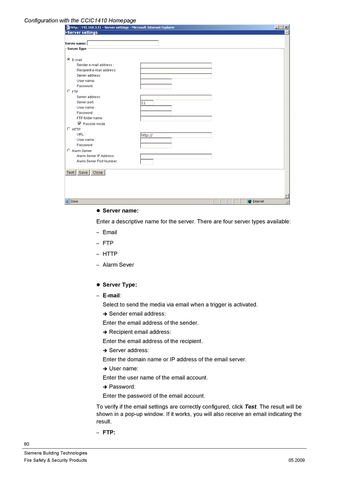 Siemens CCIC1410 configurationmanual Server name, Server Type Mail 