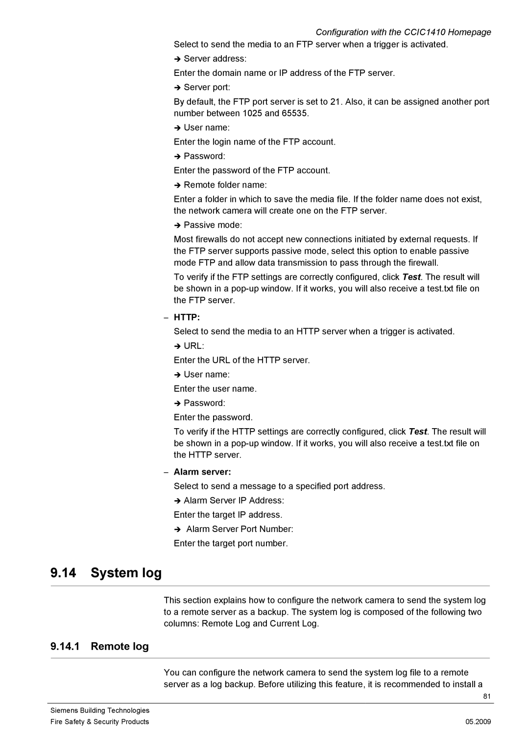 Siemens CCIC1410 configurationmanual System log, Remote log, Alarm server 