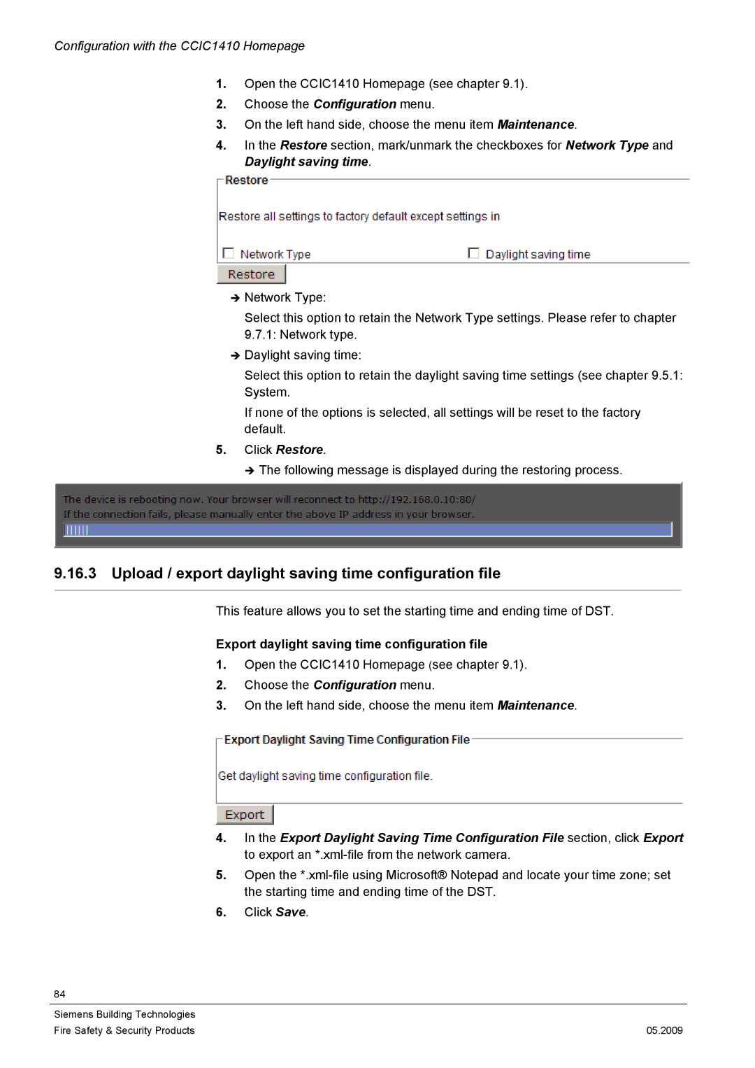 Siemens CCIC1410 Upload / export daylight saving time configuration file, Export daylight saving time configuration file 