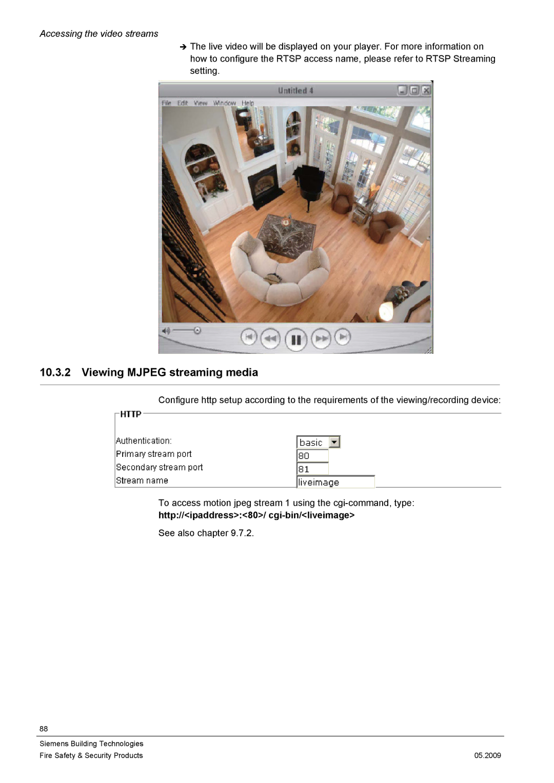 Siemens CCIC1410 configurationmanual Viewing Mjpeg streaming media, Http//ipaddress80/ cgi-bin/liveimage 