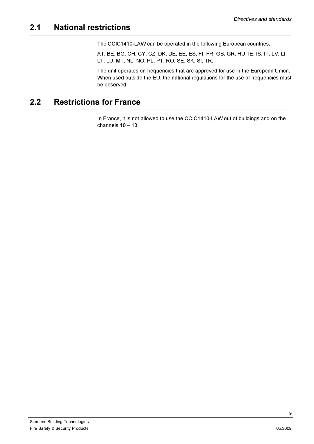 Siemens CCIC1410 configurationmanual National restrictions, Restrictions for France 