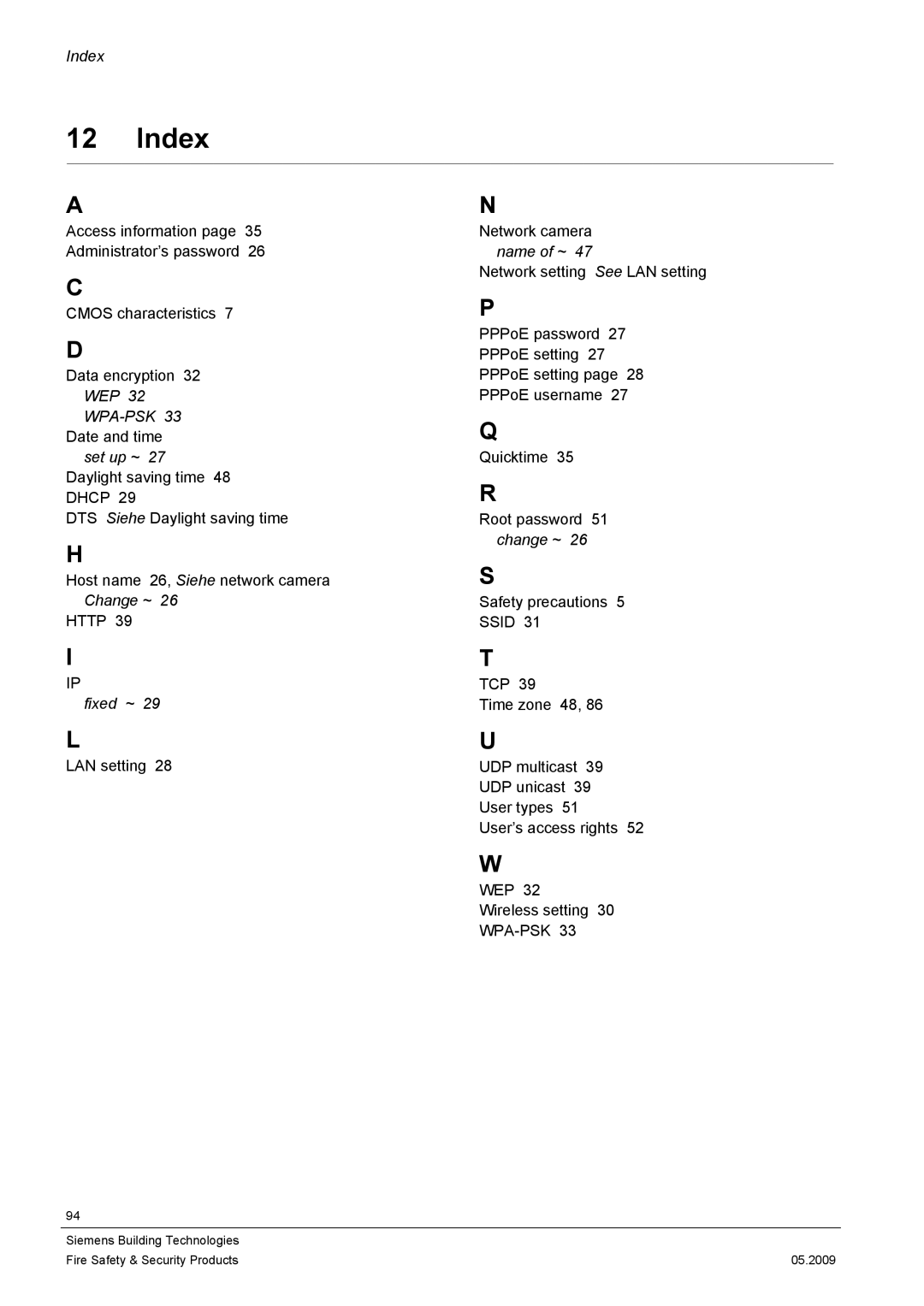 Siemens CCIC1410 configurationmanual Index, Fixed ~ 