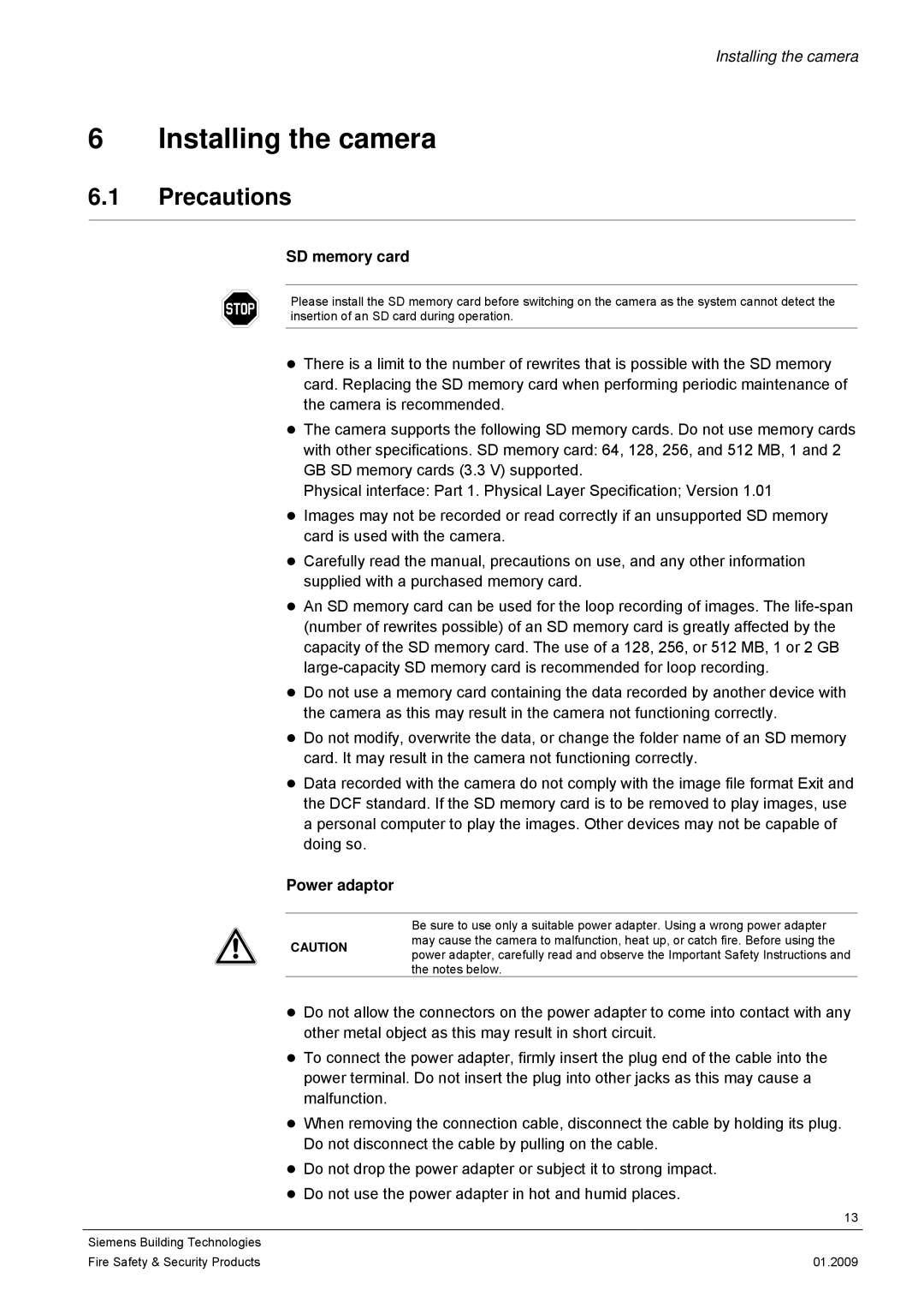 Siemens CCMX1315-LP configurationmanual Installing the camera, Precautions, SD memory card, Power adaptor 