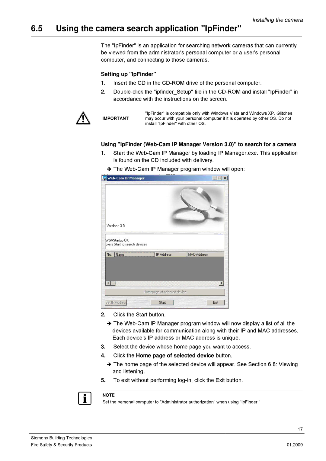 Siemens CCMX1315-LP configurationmanual Using the camera search application IpFinder, Setting up IpFinder 