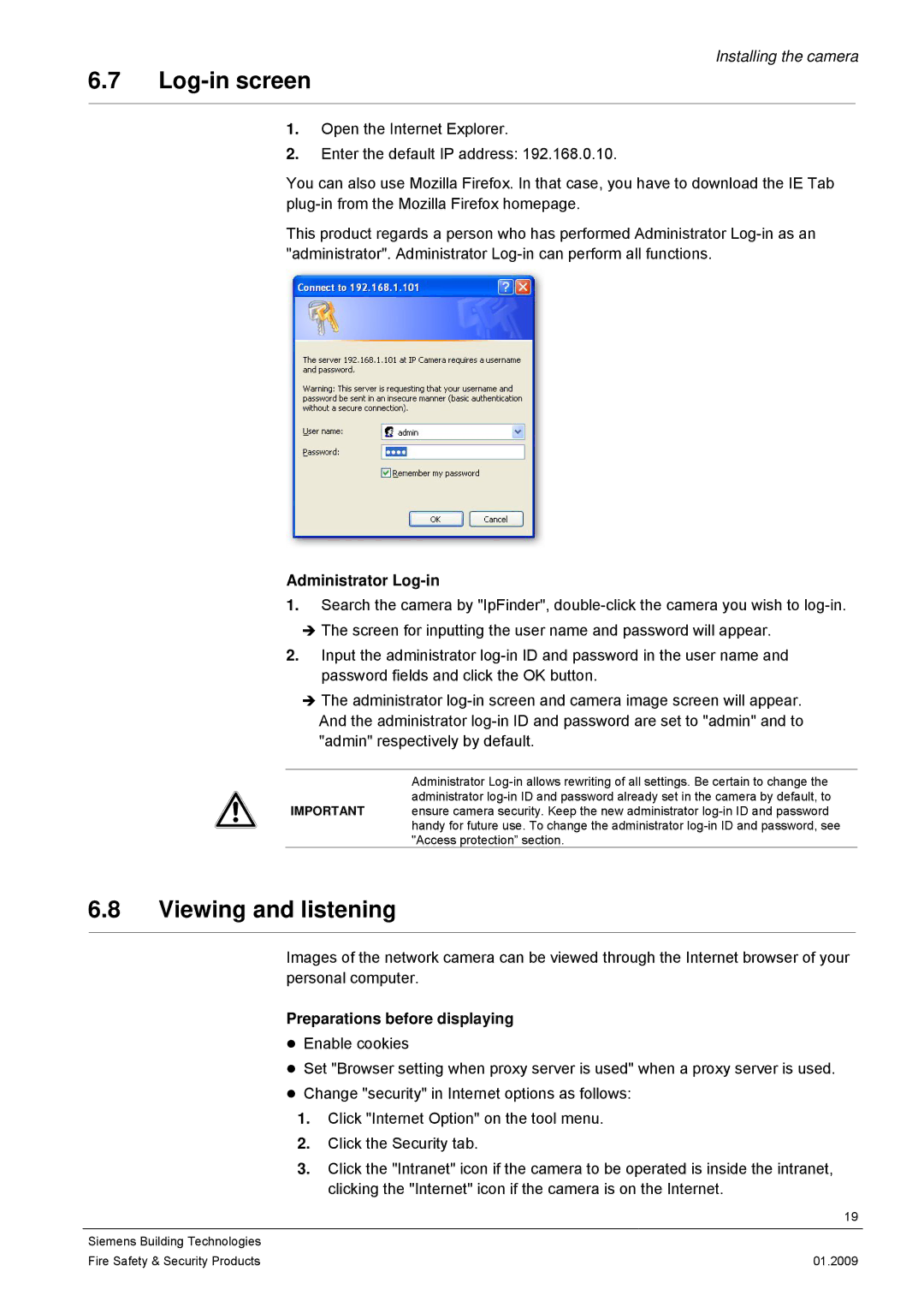 Siemens CCMX1315-LP configurationmanual Log-in screen, Viewing and listening, Administrator Log-in 