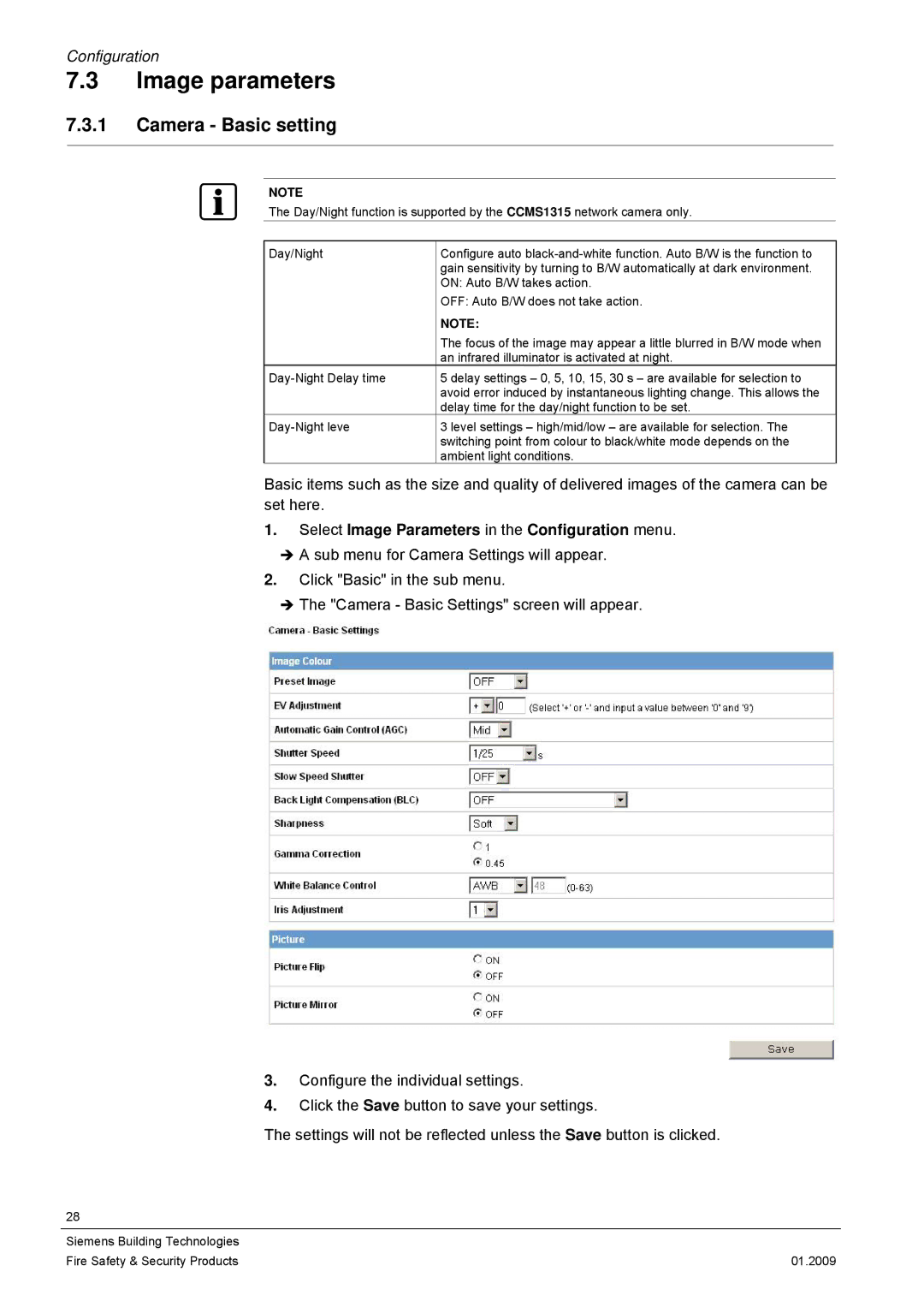 Siemens CCMX1315-LP Image parameters, Camera Basic setting, Select Image Parameters in the Configuration menu 