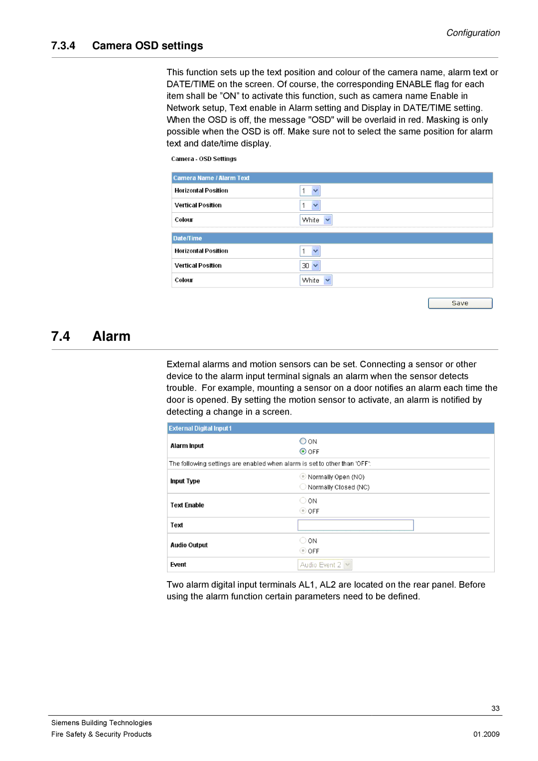 Siemens CCMX1315-LP configurationmanual Alarm, Camera OSD settings 