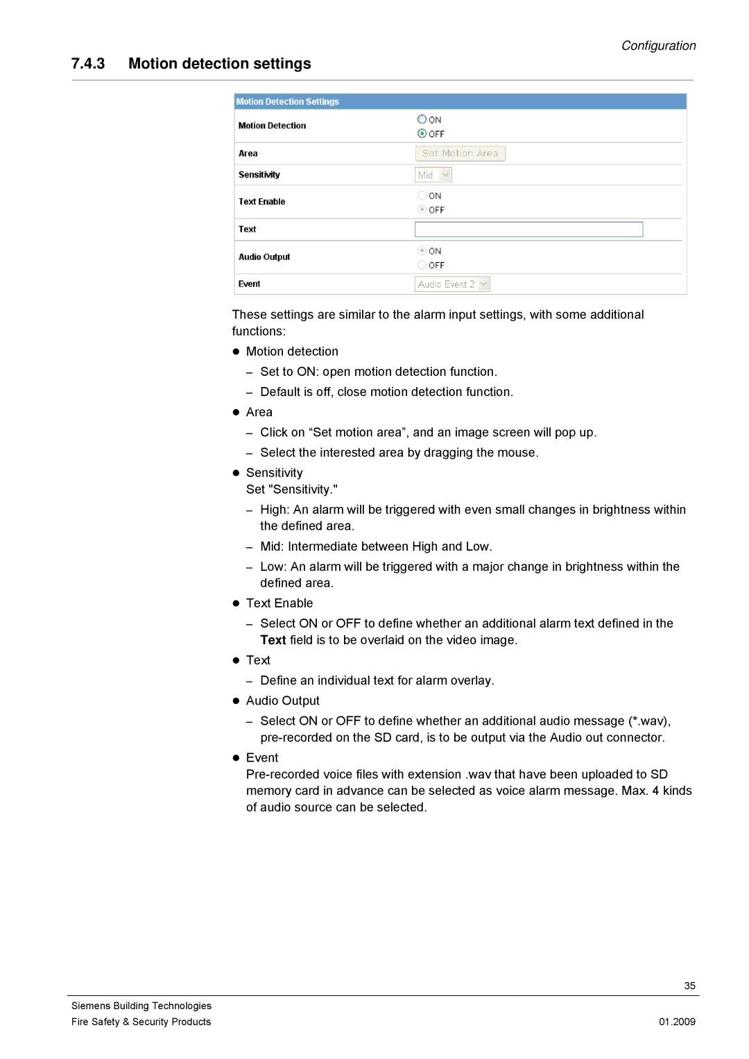 Siemens CCMX1315-LP configurationmanual Motion detection settings 