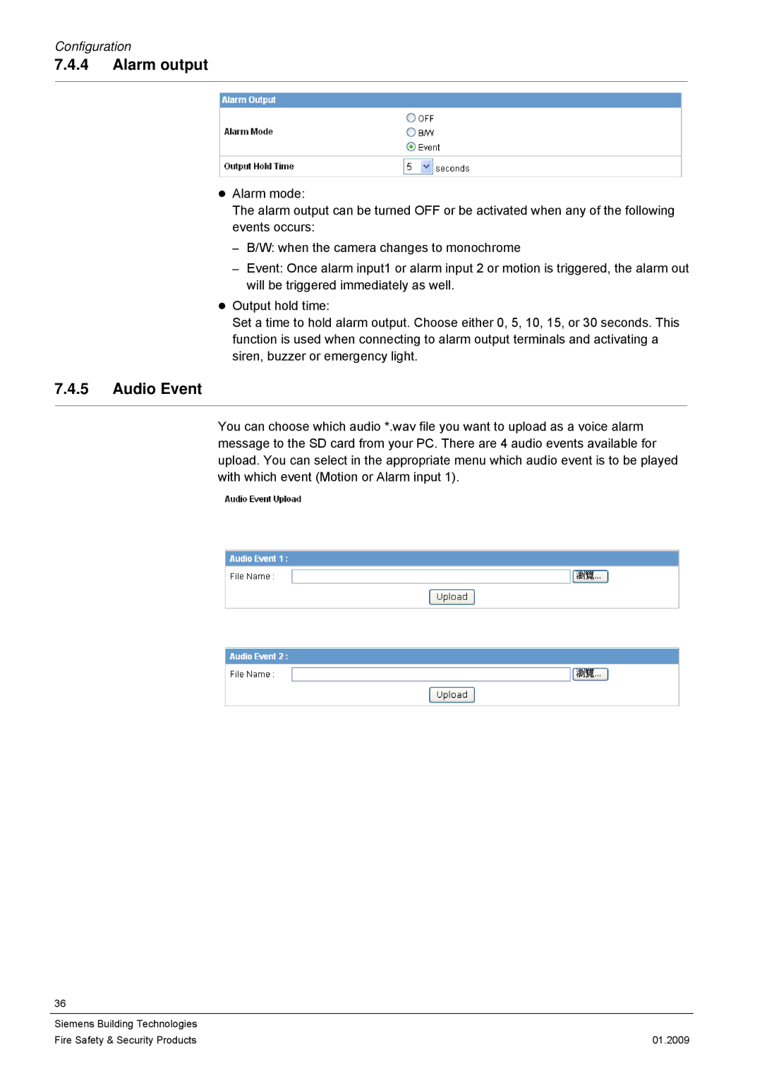 Siemens CCMX1315-LP configurationmanual Alarm output, Audio Event 