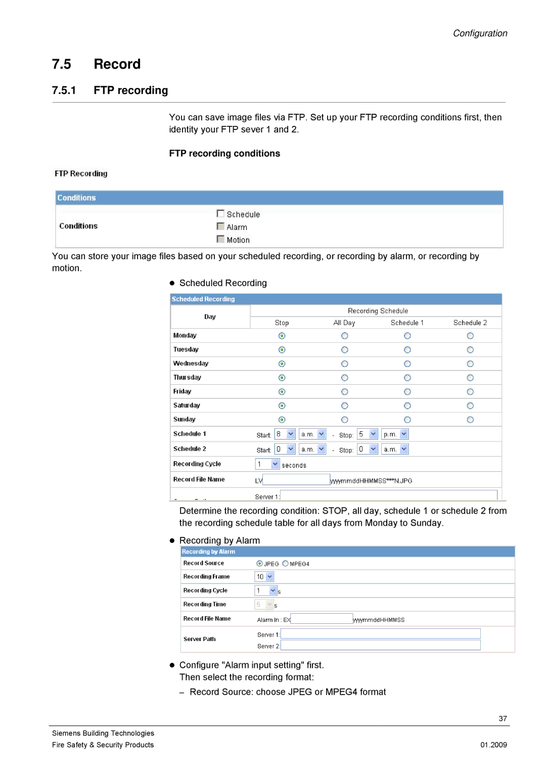 Siemens CCMX1315-LP configurationmanual Record, FTP recording conditions 