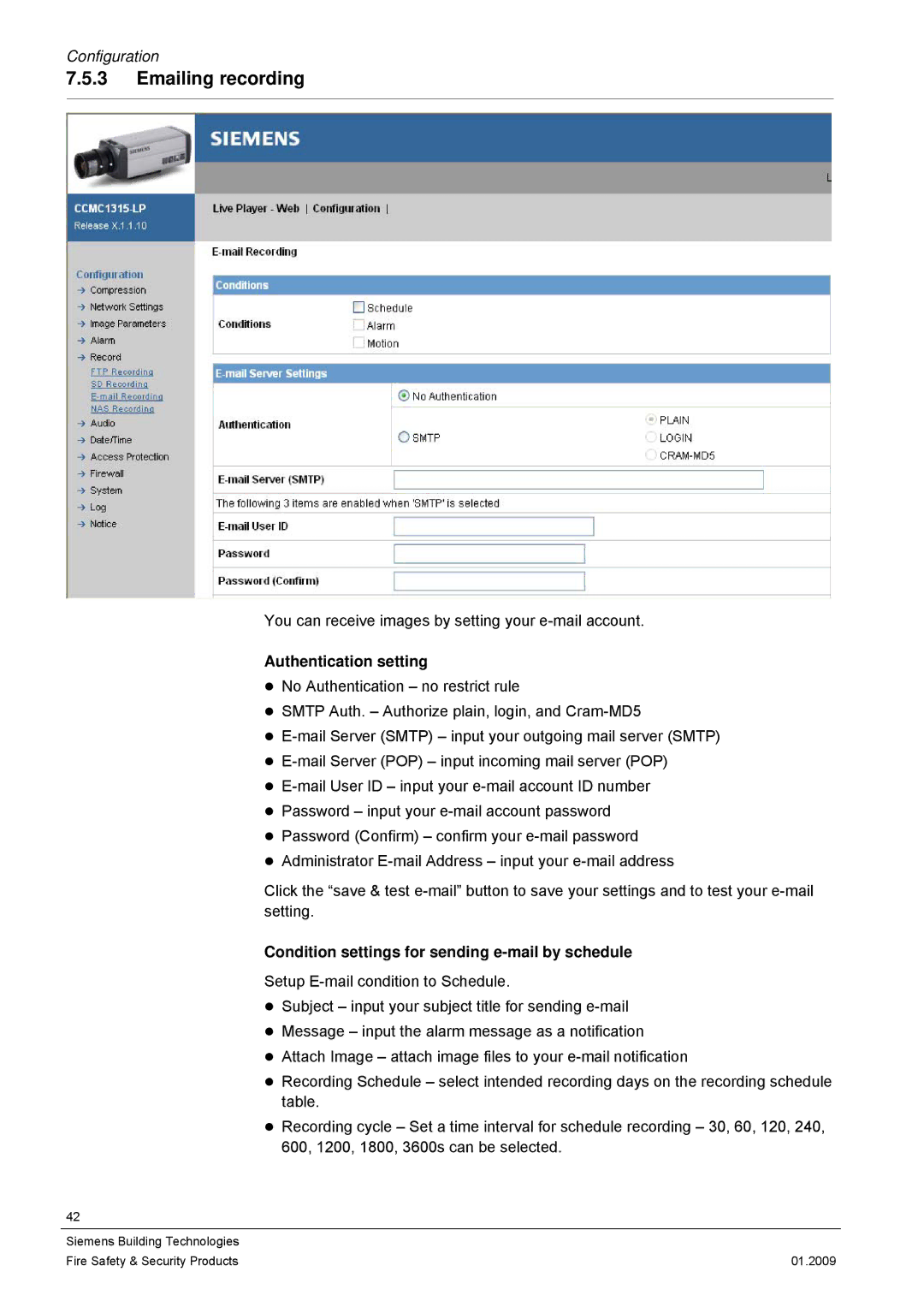 Siemens CCMX1315-LP Emailing recording, Authentication setting, Condition settings for sending e-mail by schedule 