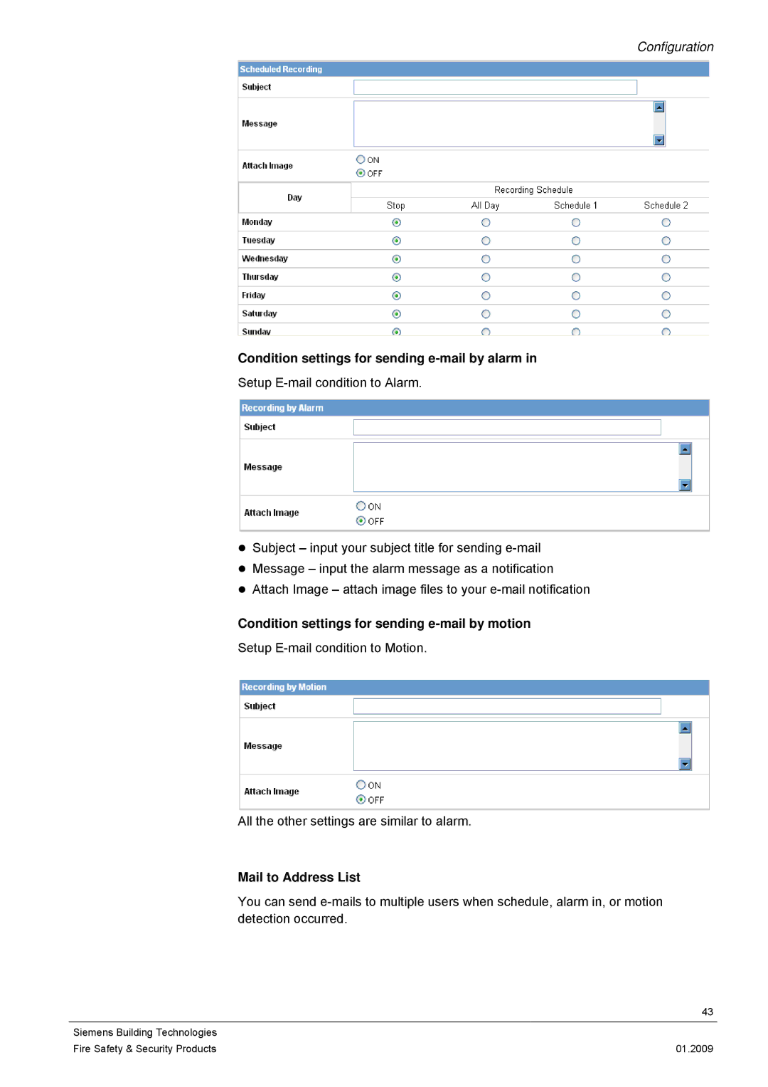 Siemens CCMX1315-LP Condition settings for sending e-mail by alarm, Condition settings for sending e-mail by motion 