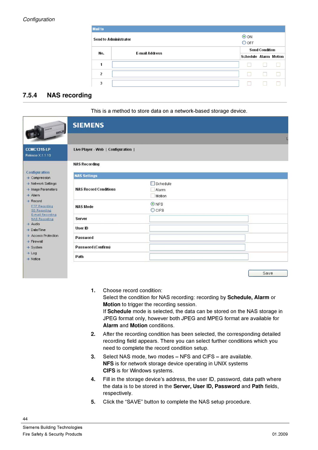 Siemens CCMX1315-LP configurationmanual NAS recording 