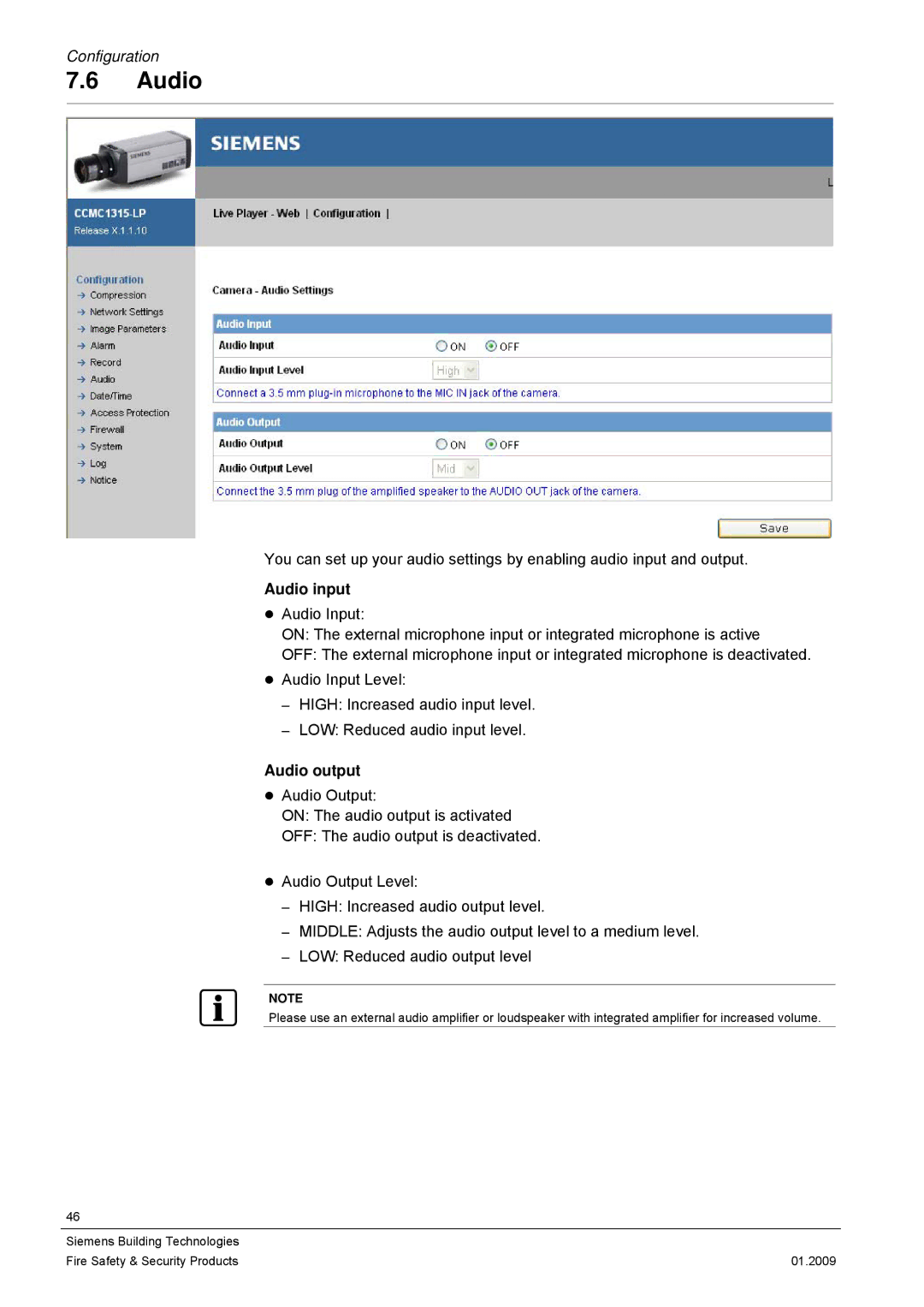 Siemens CCMX1315-LP configurationmanual Audio input, Audio output 